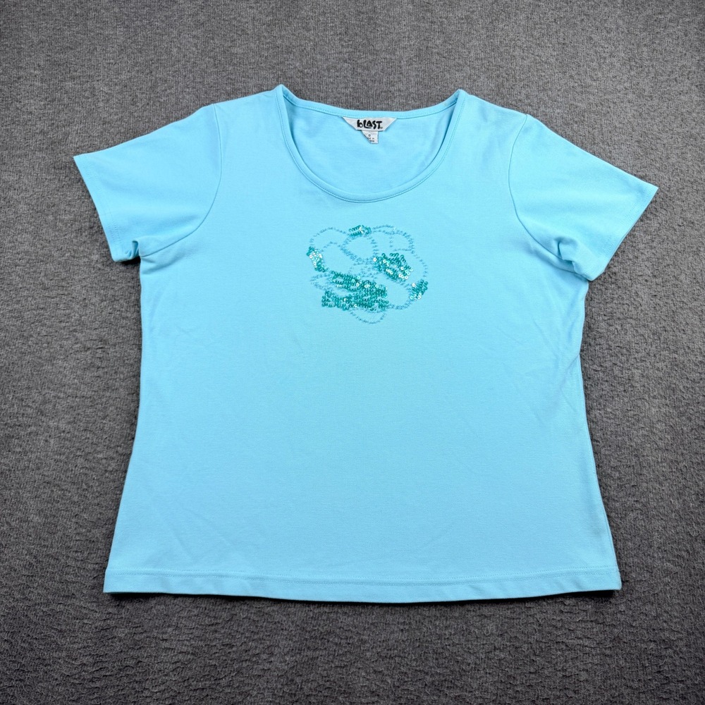 Blast Turquoise Women's S Small Blue Sequin Short Sleeve Tee‎ Shirt